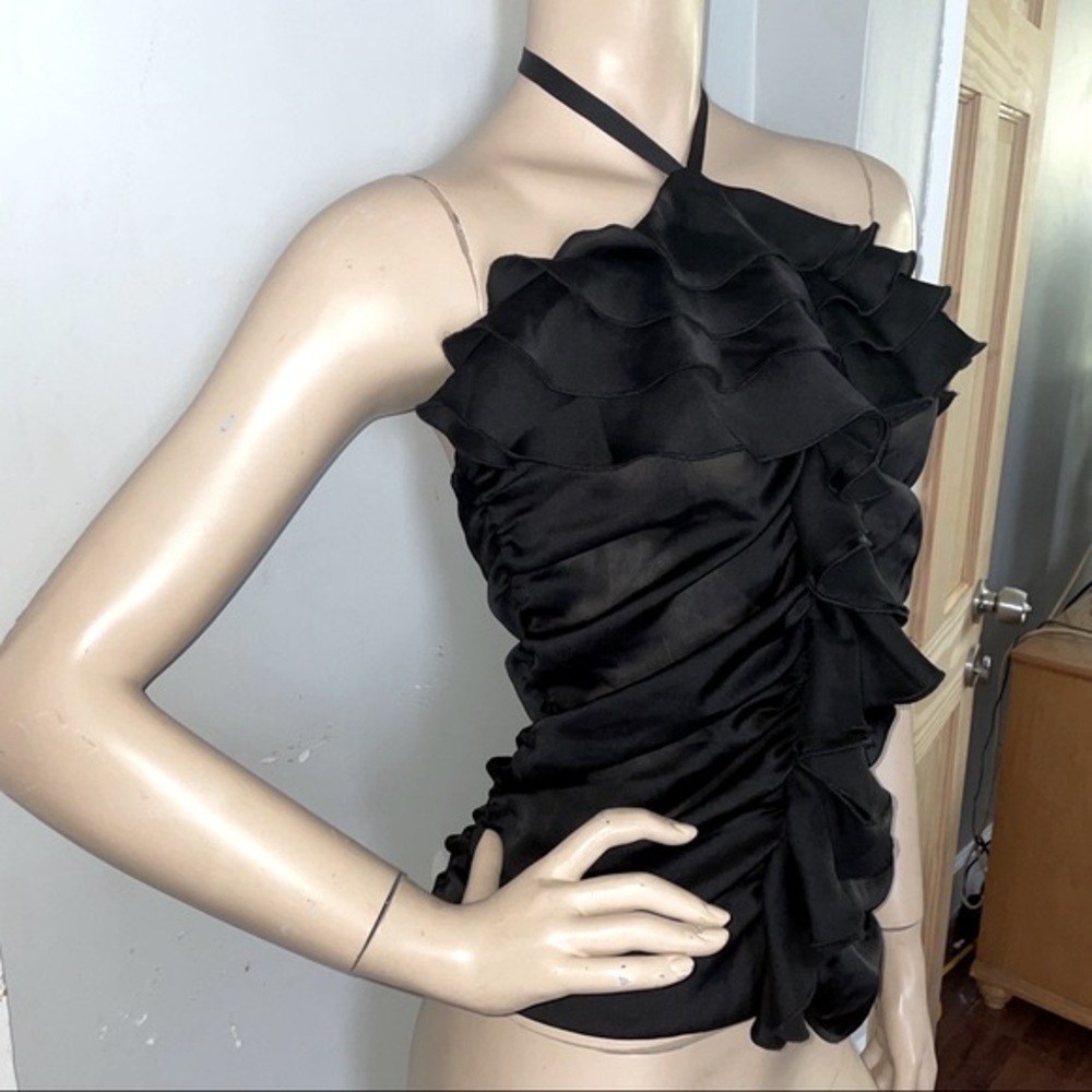 Arden B. Satin Ruffle Halter Ruche Tie back Top